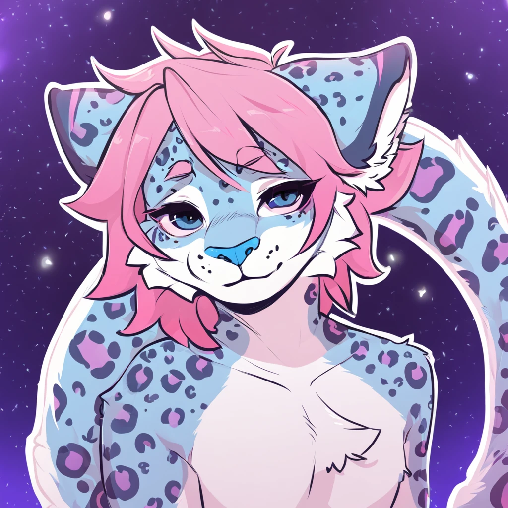adult, feline, mammal, anthro, anthropomorphic, snow_leopard, striped, fur, striped_feline, fur, furred_anthro, femboy, male, light_pink, fluffy, long_tail, blue_nose, expressive eyes, feline_ears, pink_hair, blue_fur, light_blue_chest, shy, small_pupils, spotted_pattern, stripes, digital_art, high_resolution, high_res, hand-drawn, pencil_lines, head_visible, background, neck_visible, seductive_face, purple_galaxy_background, white_outline, detailed_line_work, profile_picture, head_visible
