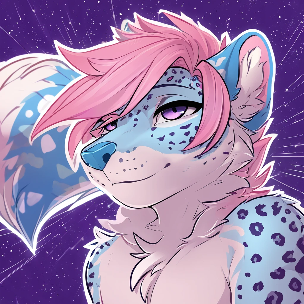 adult, feline, mammal, anthro, anthropomorphic, snow_leopard, striped, fur, striped_feline, fur, furred_anthro, femboy, male, light_pink, fluffy, long_tail, blue_nose, expressive eyes, feline_ears, pink_hair, blue_fur, light_blue_chest, shy, small_pupils, spotted_pattern, stripes, digital_art, high_resolution, high_res, hand-drawn, pencil_lines, head_visible, background, neck_visible, seductive_face, purple_galaxy_background, white_outline, detailed_line_work, profile_picture, head_visible