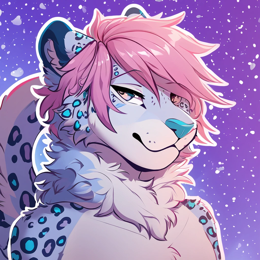 adult, feline, mammal, anthro, anthropomorphic, snow_leopard, striped, fur, striped_feline, fur, furred_anthro, femboy, male, light_pink, fluffy, long_tail, blue_nose, expressive eyes, feline_ears, pink_hair, blue_fur, light_blue_chest, shy, small_pupils, spotted_pattern, stripes, digital_art, high_resolution, high_res, hand-drawn, pencil_lines, head_visible, background, neck_visible, seductive_face, purple_galaxy_background, white_outline, detailed_line_work, profile_picture, head_visible
