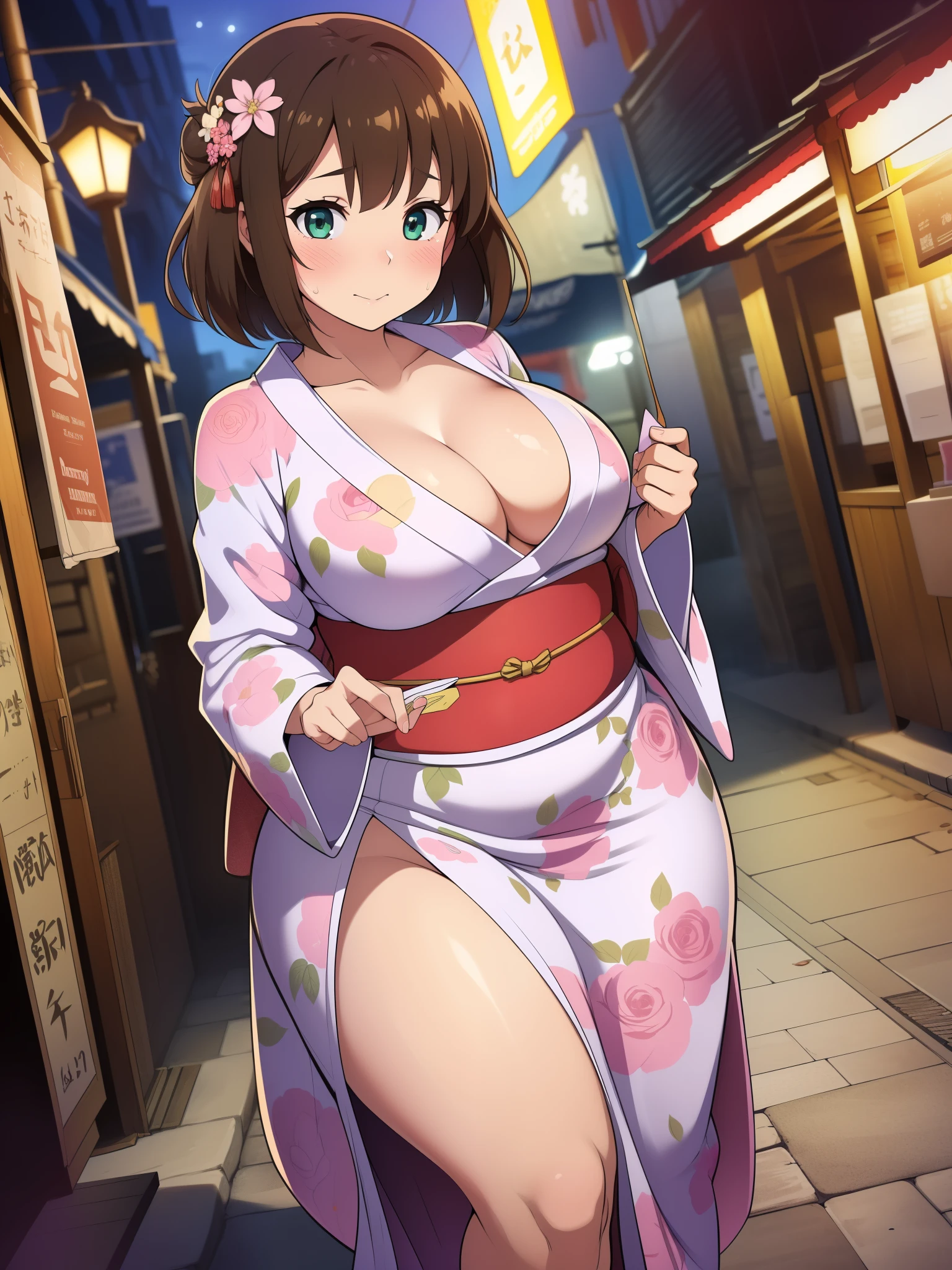 ((high reasterpiece), perfect anatomy, perfect shading, field of depth, (best quality), extremely delicate and beautiful, perfect lighting, detailed face, ultra cute face, cute, (cowboy shot 1.2), looking at viewer, full body, ((1girl)), ((solo)),
short hair, fluffy hair, brown hair, hair dress, green eye, ((blush)), nervous (kimono dress 1.2), medium breasts, cleavage, perky breasts, (((wide hips))), ((thick thighs)), ((chubby)),
street, town, Japanese festival, night time, intricate background, detailed background, standing,