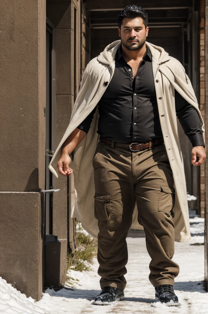 Chubby, muscular Snow leopard man with, brown eyes, dark brown baggy pants, an off white unbuttoned shirt, black wraps around the hands and forearms, two belts that rest on the hips and a short cloak