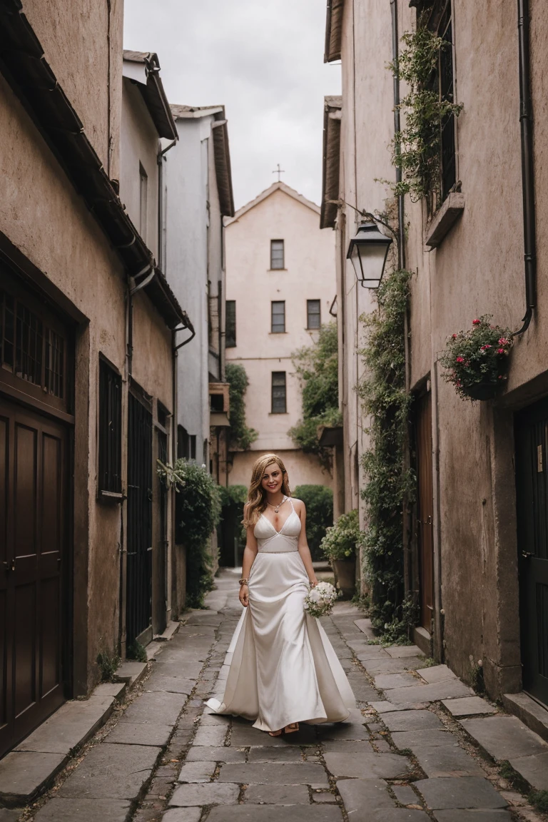 Portrait glamour mi-long, Nikon D850, F1.6 lens, 200mm, digital SLR, 22 megapixels, (((Picturesque alleyway scene))), photo d'une superbe fille suédoise de 21 ans, (ssmile:1.4),, ((seductive pose)), fille chaude, (((medium natural tits))), ((((medium blonde hair)))), (petite fille), symmetrical face, photorealistic, la photographie, (bright natural lighting), magnificent, deep neckline, (head of'artwork), best quality, high resolution, extremely detailed, Cinematic lighting, (((very narrow waist))), rich colors, hyper realistic, realistic texture, ((jewels)), (((Elle a de belles mains et porte des bagues))), (Bracelet), (neckleace), (anklet), (nail polish) (loops of'ears), Fuji Superia 200, 8K
