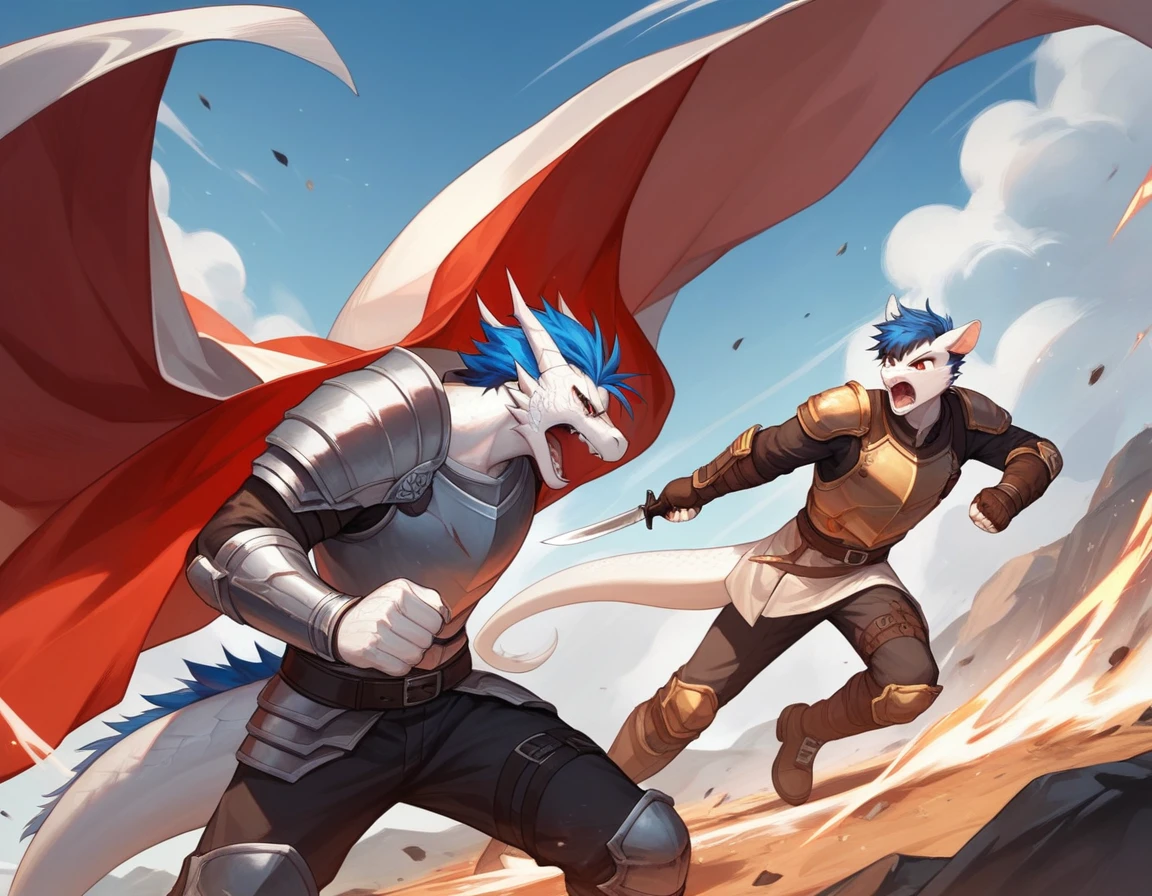 Score_9, score_8_up, score_7_up, source_cartoon, Anthro male, A white dragon, white dragon with blue highlights on scales, red eyes, short blue hair, fighting stance, wearing knights armor, fighting, holding a knife, on a battlefield,  he is screaming, 