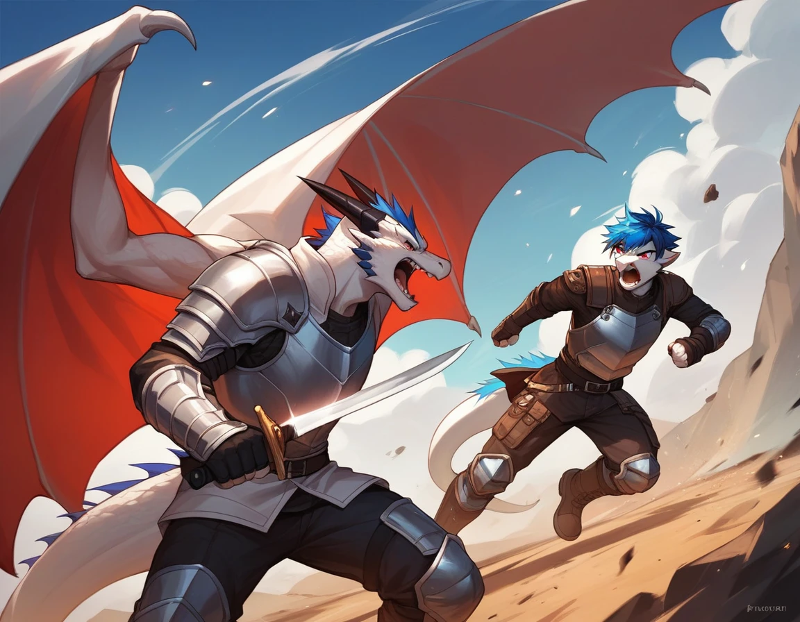 Score_9, score_8_up, score_7_up, source_cartoon, Anthro male, A white dragon, white dragon with blue highlights on scales, red eyes, short blue hair, fighting stance, wearing knights armor, fighting, holding a knife, on a battlefield,  he is screaming, 