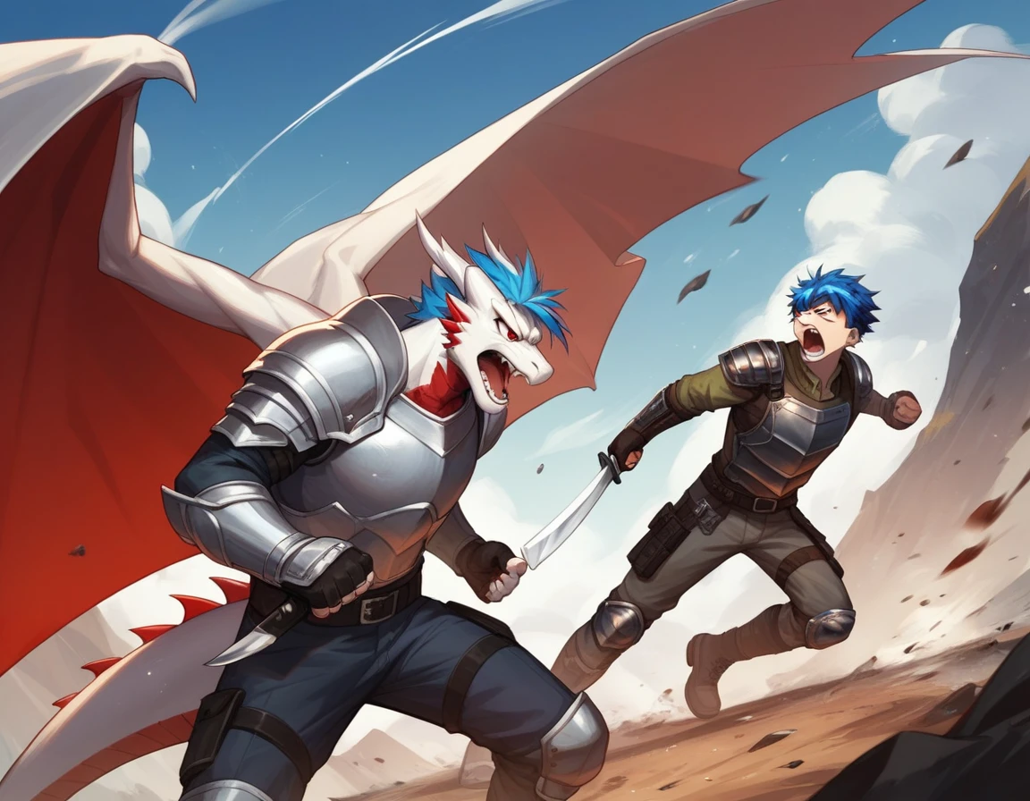 Score_9, score_8_up, score_7_up, source_cartoon, Anthro male, A white dragon, white dragon with blue highlights on scales, red eyes, short blue hair, fighting stance, wearing knights armor, fighting, holding a knife, on a battlefield,  he is screaming, 