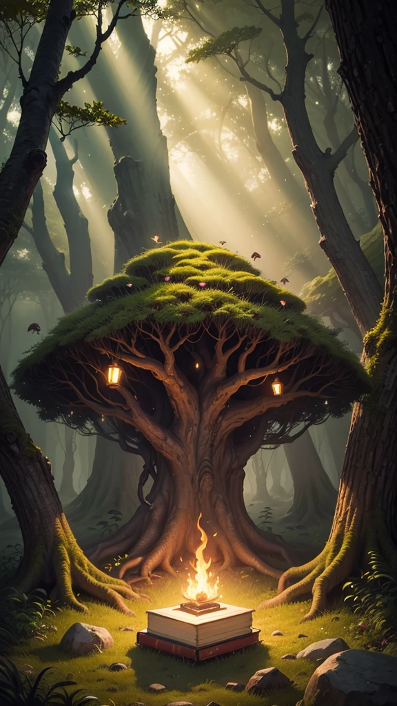 Create a scene set in a magical forest at twilight, with rays of the setting sun filtering through the dense, ancient trees. In the center, a beautifully illustrated, old-fashioned book with a golden, ornate cover lies open on a moss-covered stone, emitting a gentle, mystical glow. Surrounding the book are ethereal, glowing fireflies and delicate, colorful flowers. The atmosphere is serene and enchanting, with a sense of timelessness and wonder, capturing the essence of the phrase "once upon a time."