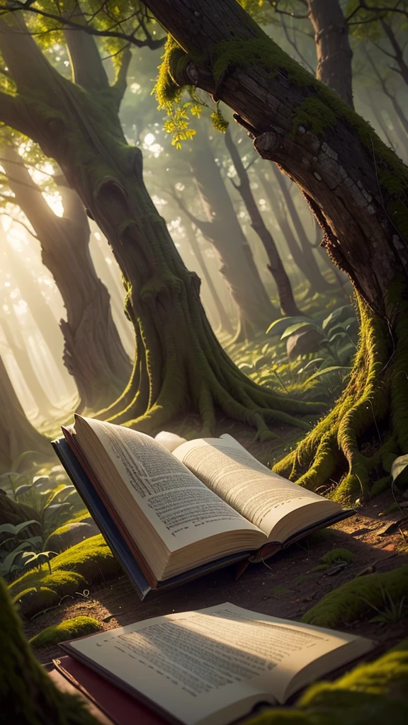 Create a scene set in a magical forest at twilight, with rays of the setting sun filtering through the dense, ancient trees. In the center, a beautifully illustrated, old-fashioned book with a golden, ornate cover lies open on a moss-covered stone, emitting a gentle, mystical glow. Surrounding the book are ethereal, glowing fireflies and delicate, colorful flowers. The atmosphere is serene and enchanting, with a sense of timelessness and wonder, capturing the essence of the phrase "once upon a time."