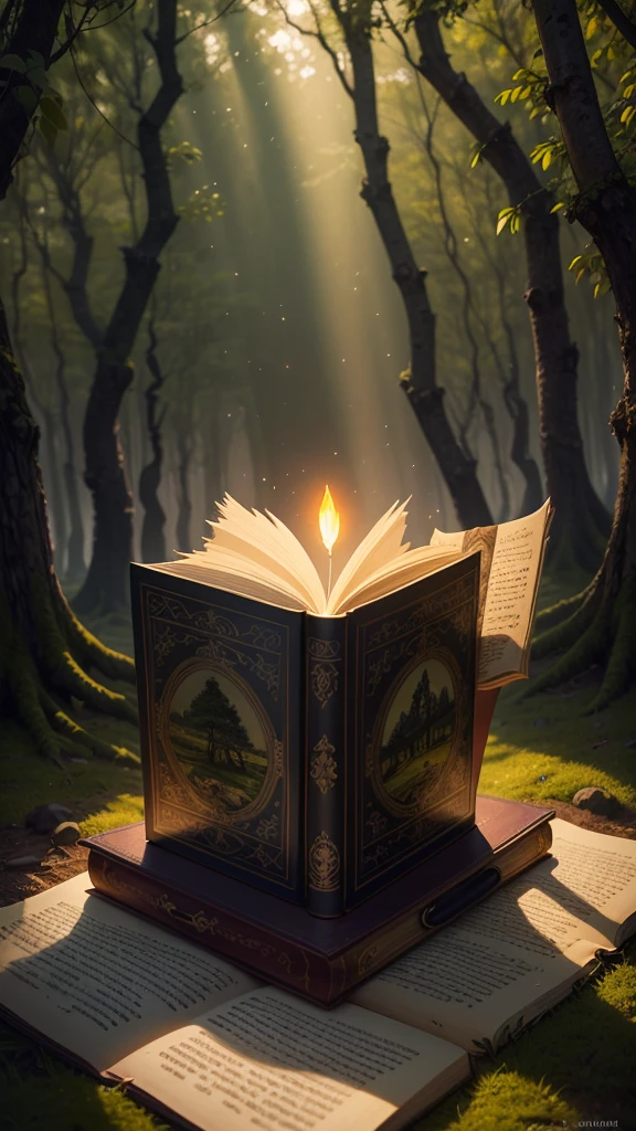 Create a scene set in a magical forest at twilight, with rays of the setting sun filtering through the dense, ancient trees. In the center, a beautifully illustrated, old-fashioned book with a golden, ornate cover lies open on a moss-covered stone, emitting a gentle, mystical glow. Surrounding the book are ethereal, glowing fireflies and delicate, colorful flowers. The atmosphere is serene and enchanting, with a sense of timelessness and wonder, capturing the essence of the phrase "once upon a time."