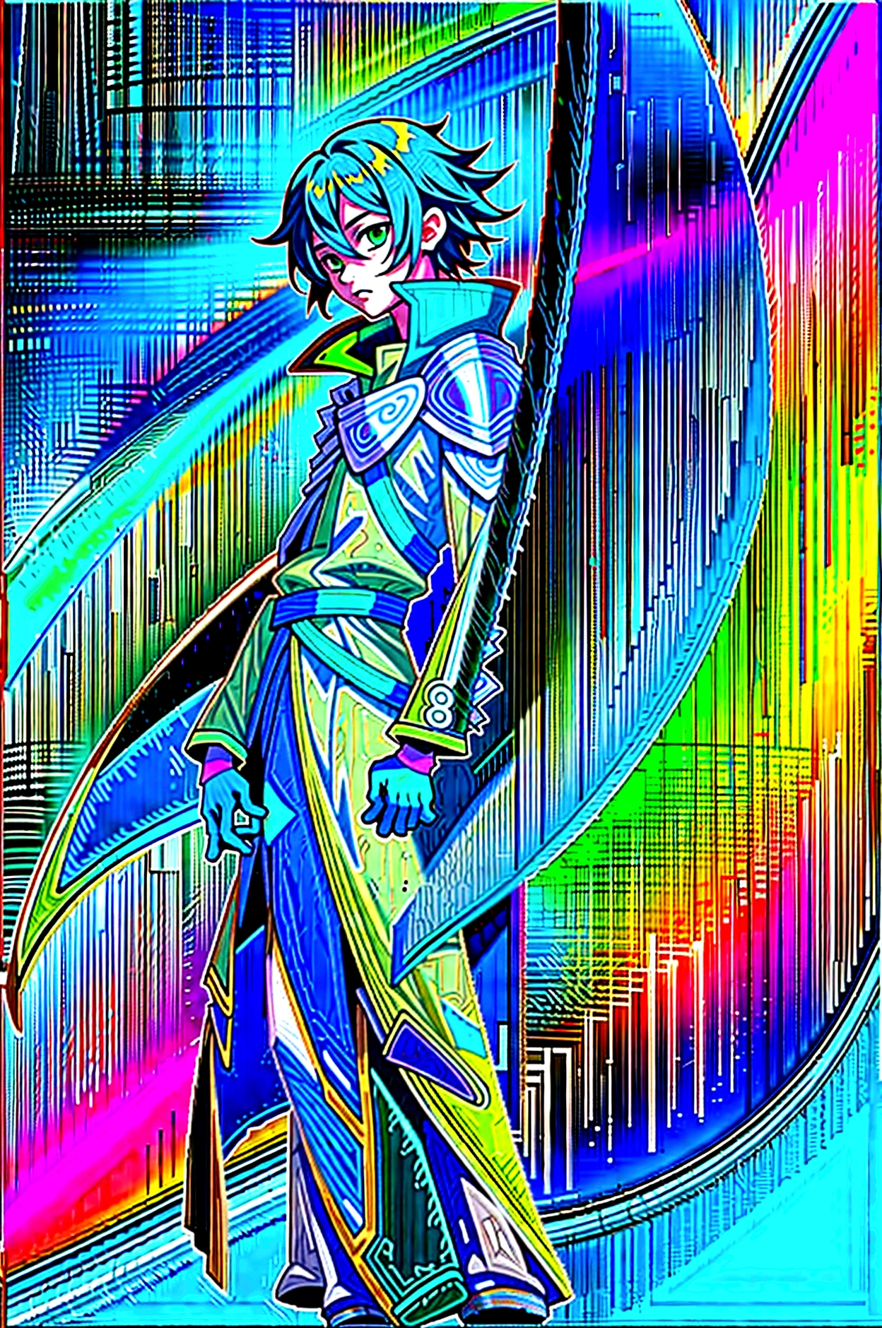 yuichiro hyakuya, (WithoutFear:1), 1 boy, black hair, green eyes, brown coat, gray armor, green shield, green cloak, dark brown gloves, town, fur trim, anime, standing, good quality, portrait, looking at viewer