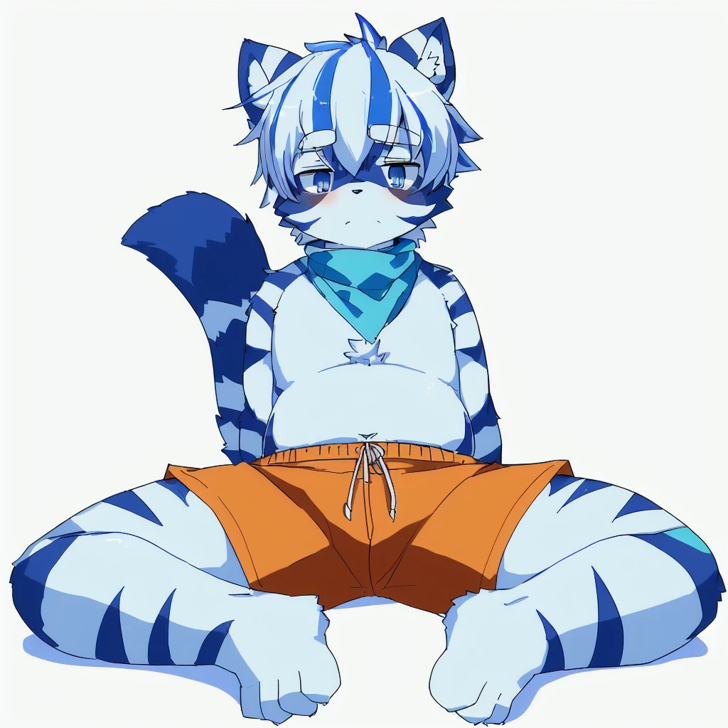((small)), ((small body)), ((10 years old)), ((young boy)), ((Furry)), ((kemono)), ((raccoon)), ((male)), ((has a fur in shades of blue and white)). ((The body is covered primarily in a light blue)), ((tail rings are a darker blue)). ((A deep, bright blue eyes)), ((Patterns: The chest and belly are pure white, with dark blue stripes that resemble the pattern of a zebra, but more subtle)). ((Ears: White with light blue tips)). ((Tail: The tail has alternating rings of light blue and dark blue)). ((Accessories: wears an orange bandana around his neck)), ((one subject)), ((1 character)), ((anime style)), ((simple white background)), ((orange shorts with white stripes)), ((sitting)), ((legs apart)), ((ashamed))
