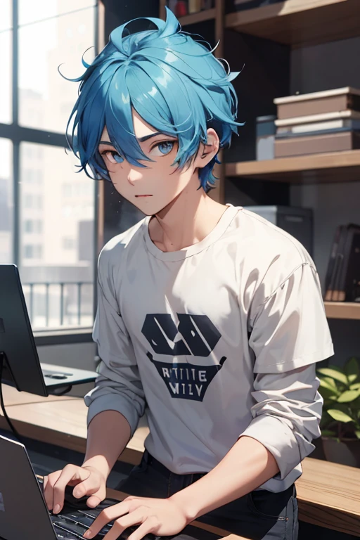 White teen boy, HE HAS BLUE HAIR, it&#39;s lower, annoyed face, jacket and white t-shirt, his haircut is low face