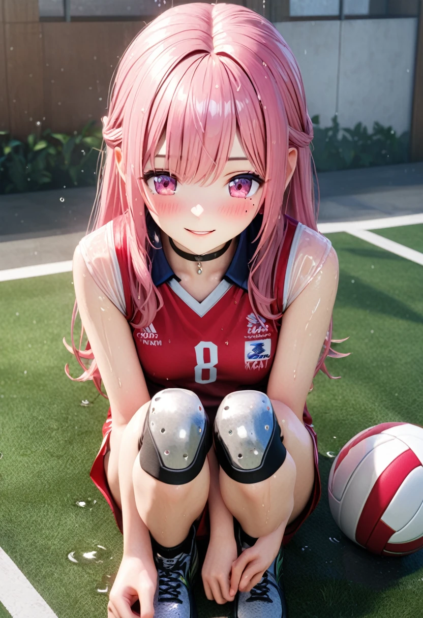 masterpiece, best quality, highly detailed, high resolution, expensive solution, high resolution, 4k, 8k, Unity 8k wallpaper, highly detailed CG, masterpiece, 2d, 3d, beautiful details, depth, fine texture, best quality: 1.3, total concentration, transparent skin, him, very cute anime girl, expensive pink long hair, one girl, volleyball uniform, knee pads on knees, volleyball shoes, on the grass in the schoolyard, it was raining heavily and she was soaking wet. The volleyball uniform was see-through, her hair was soaking wet, smiling long pink hair, full body, on the grass in the schoolyard, heavy rain, mole under eye, gaze, expensive, blush, lips parted, heart, pink eyes, choker