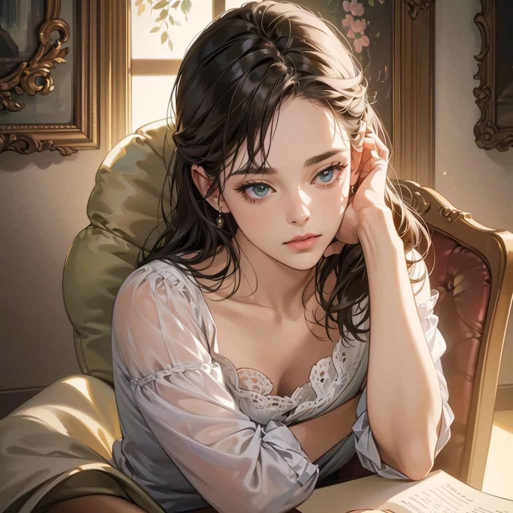 a woman reading a book, detailed portrait, low-poly girl, lofi portrait, book illustration, intricate details, warm lighting, soft focus, pastel colors, muted tones, dreamy atmosphere, cozy interior, comfortable chair, natural lighting, detailed facial features, beautiful eyes and lips, calm expression, serene mood, thoughtful pose, delicate lines, charcoal sketch, digital painting, oil painting, hyper-realistic, award-winning, masterpiece, (best quality, 4k, 8k, highres, masterpiece:1.2), ultra-detailed, (realistic, photorealistic, photo-realistic:1.37), HDR, UHD, studio lighting, ultra-fine painting, sharp focus, physically-based rendering, extreme detail description, professional, vivid colors, bokeh