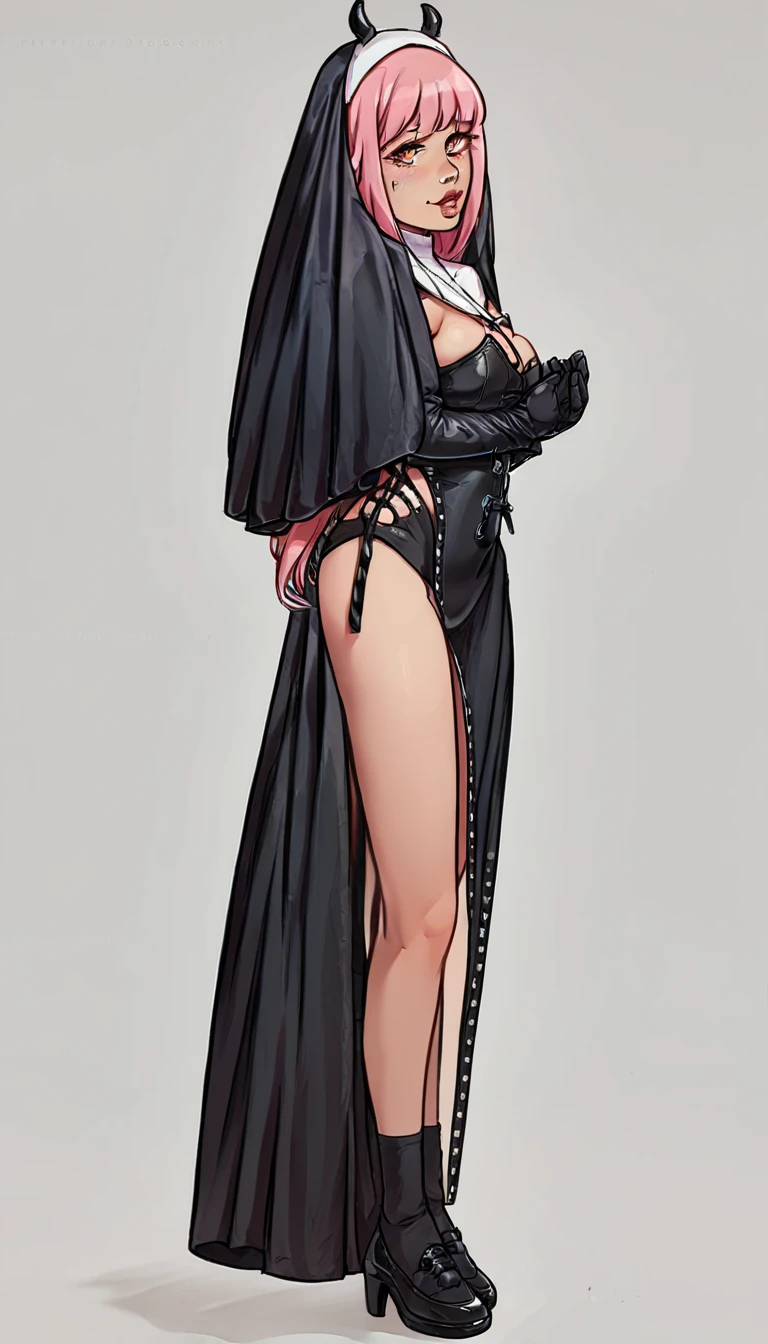 a woman nun sect sexy beautiful big breast beauty skin pink short pink hair disheveled her eye black pupil yellow dresses black nun and a black skirt longer pair white socks long black shoe