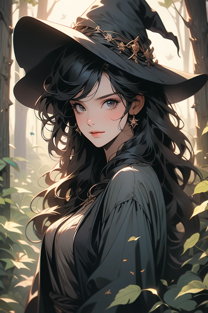 1girl, night, straight black hair, hair fringe, smirk, black jeans, black top, witch's hat, mean, stick over shoulder, farm girl, forest background