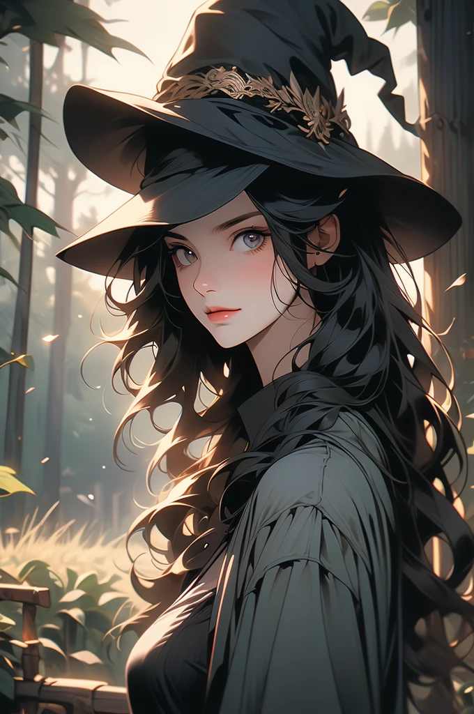 1girl, night, straight black hair, hair fringe, smirk, black jeans, black top, witch's hat, mean, stick over shoulder, farm girl, forest background