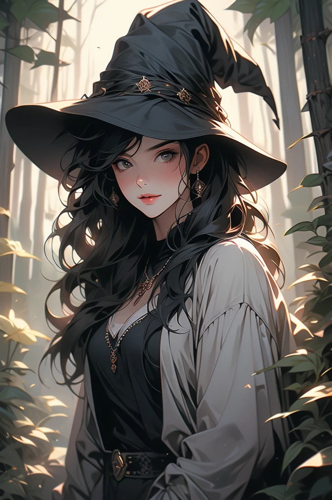 1girl, night, straight black hair, hair fringe, smirk, black jeans, black top, witch's hat, mean, stick over shoulder, farm girl, forest background