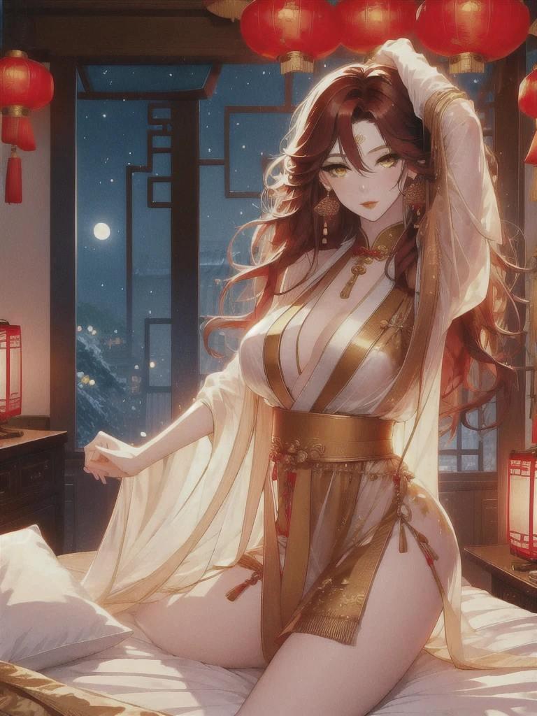 (masterpiece, best quality:1.2), 1women, xian mei, solo golden eyes, long red curly hair, jewellery, perfect anatomy, chinese traditional room, nudity, nude, sexy, hot, night, starry sky, night beautiful sky, shining stars, hentai breast holding (sex position), sex, doggystyle, 1 girl: hands up, standing on one leg, standing sex