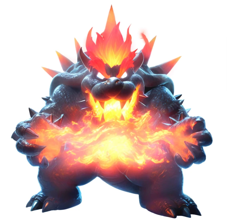 a close up of a cartoon character with a fire face, fire breathing. bowser, bowser, bowser nintendo, roshan, blazing infero, balrog, lava!!!, made of lava, glowing lava!!!, ruler of inferno, mario, final boss, koopa, menacing!!!, cacodemon, official artwork, intense smoldering, fire type