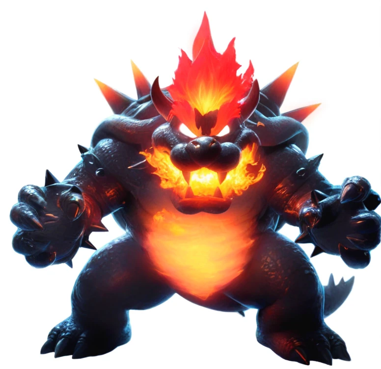 a close up of a cartoon character with a fire face, fire breathing. bowser, bowser, bowser nintendo, roshan, blazing infero, balrog, lava!!!, made of lava, glowing lava!!!, ruler of inferno, mario, final boss, koopa, menacing!!!, cacodemon, official artwork, intense smoldering, fire type