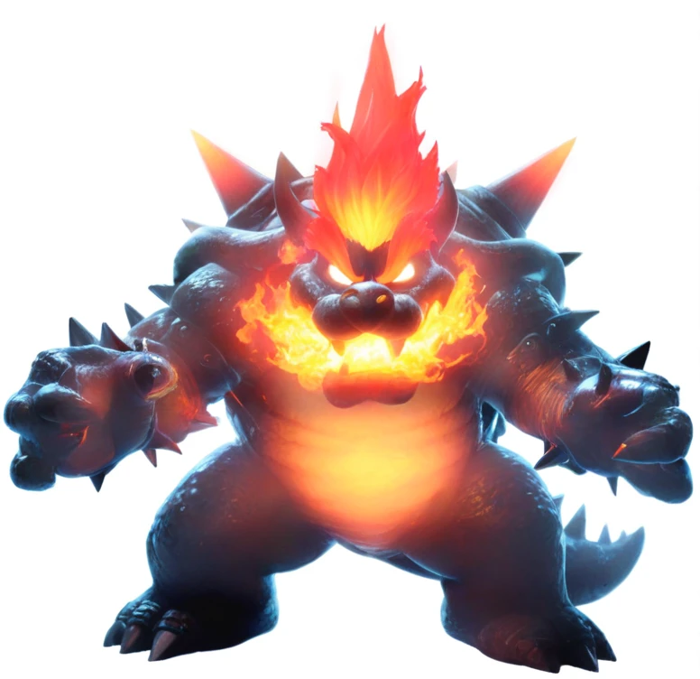 a close up of a cartoon character with a fire face, fire breathing. bowser, bowser, bowser nintendo, roshan, blazing infero, balrog, lava!!!, made of lava, glowing lava!!!, ruler of inferno, mario, final boss, koopa, menacing!!!, cacodemon, official artwork, intense smoldering, fire type