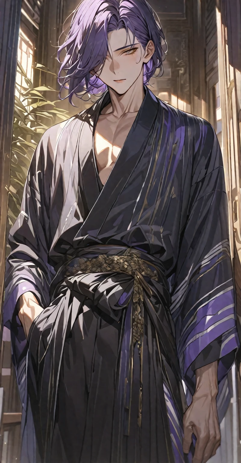 Masterpiece, very detailed, ultra detailed, one, (1 man),
A young man - he is tall and slender
He's in a simple black kimono with white es.
Long loose wild dark purple hair and short bangs, and golden eyes that shine.
