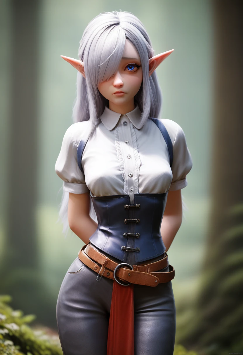 ((Best Quality)), (Masterpiece)), (Details: 1.4), Absurd Resolution, High Resolution, (Masterpiece: 1.4), Ultra Detailed, detailed gnome girl with pale skin, short stature, and very long silver hair that curls at the ends, covering one eye, with small breasts, pouty lips, and bright blue anime-style eyes with long lashes, wearing a corset, white puffy long sleeved shirt, and puffy cloth pants, leather bound boots, set in a windy fantasy landscape, (best quality,4k,8k,highres,masterpiece:1.2),ultra-detailed, dungeons and dragons, long elf ears, small girl, detailed skin and cloth textures, cute detailed face, intricate details, extremely detailed, 1girl, dynamic pose with hair covering one eye, shy personality, puffy cloth pants with leather belt, detailed privateer outfit, detailed buccaneer outfit pouch on belt