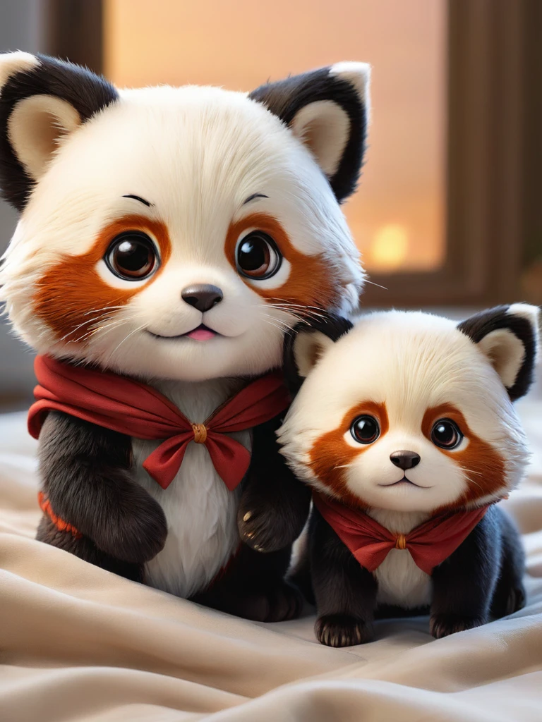 With the sunset in the background,(masterpiece:1.2, high quality), Several red panda cubs sleeping together in bed、