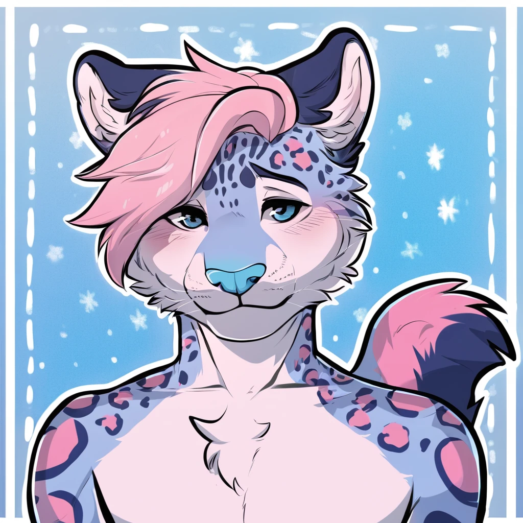 adult, feline, mammal, anthro, anthropomorphic, snow_leopard, striped, fur, striped_feline, fur, furred_anthro, femboy, male, light_pink, fluffy, long_tail, blue_nose, expressive eyes, feline_ears, pink_hair, blue_fur, light_blue_chest, shy, small_pupils, spotted_pattern, stripes, digital_art, high_resolution, high_res, hand-drawn, pencil_lines, head_visible, background, neck_visible, seductive_face, blue_galaxy_background, white_outline, detailed_line_work, profile_picture, head_visible
