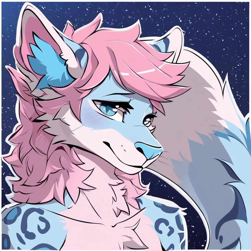 adult, feline, mammal, anthro, anthropomorphic, snow_leopard, striped, fur, striped_feline, fur, furred_anthro, femboy, male, light_pink, fluffy, long_tail, blue_nose, expressive eyes, feline_ears, pink_hair, blue_fur, light_blue_chest, shy, small_pupils, spotted_pattern, stripes, digital_art, high_resolution, high_res, hand-drawn, pencil_lines, head_visible, background, neck_visible, seductive_face, blue_galaxy_background, white_outline, detailed_line_work, profile_picture, head_visible
