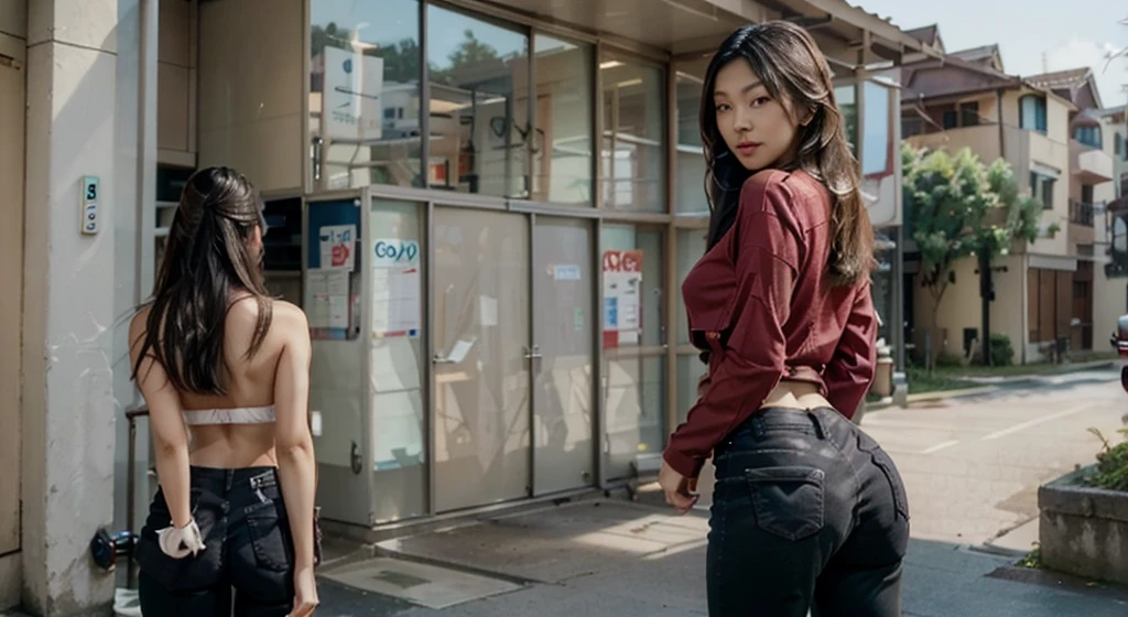 A highly realistic AI model, personified as a young woman with Asian features,Smooth, flawless skin with a touch of light makeup,out side in the buildings having fun,average feminine body with small but cute curves,showing a very cute smile on her face,looking relaxed and happy ,her posture relaxed and carefree,weraing a beautiful black jeans pants with a red shirt,beautiful modern buildings a the back,photorealistic,perfect hands and fingers,lee so jin