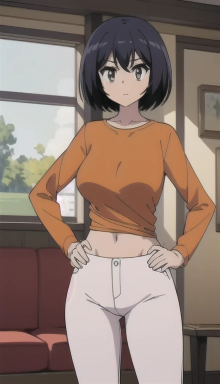 (masterpiece, best quality), sakurada, orange t shirt, long sleeves, white pants, boot cut jeans, scoop neck, indoors, caffe, Hands on hips, belly botton, blue shoes, full body, looking at the vewers, standing,