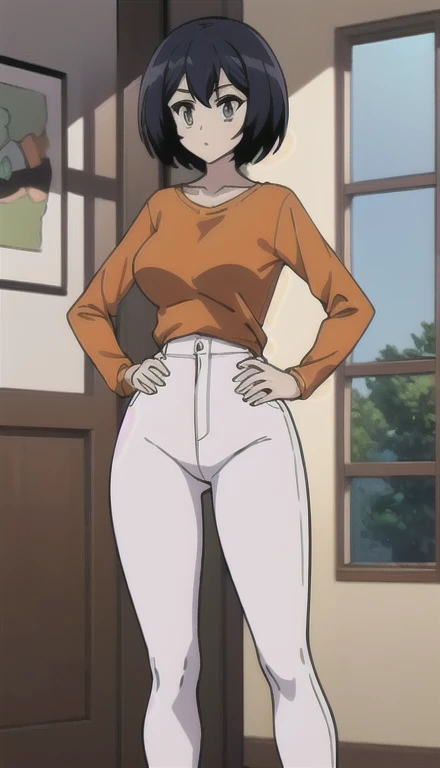 (masterpiece, best quality), sakurada, orange t shirt, long sleeves, white pants, boot cut jeans,  scoop neck, indoors, caffe, Hands on hips, belly botton, blue shoes, full body, looking at the vewers, standing,