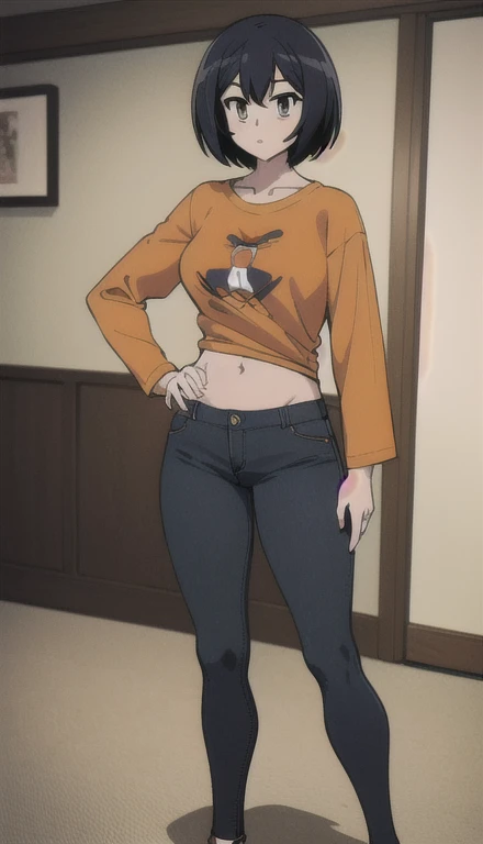 (masterpiece, best quality), sakurada, orange t shirt, long sleeves, white pants, boot cut jeans, scoop neck, indoors, caffe, Hands on hips, belly botton, blue shoes, full body, looking at the vewers, standing,