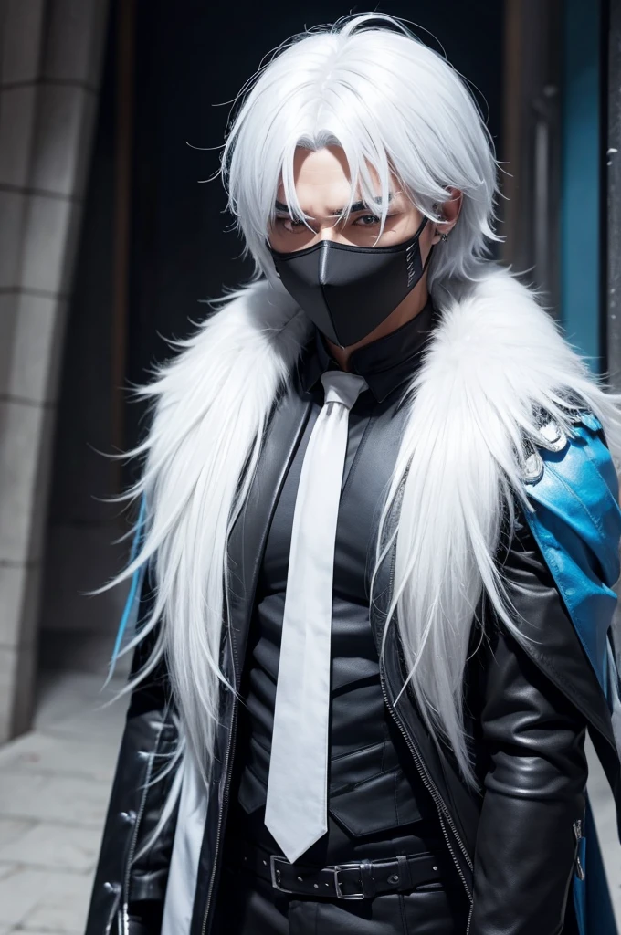 I want a character with a black mask, white hair, blue chest