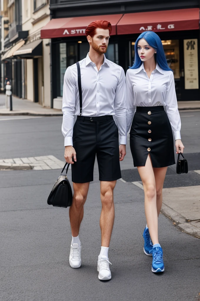 A couple white-skinned woman big blue eyes bright red hair long eyelashes oval face white lace shirt and black pencil skirt long legs black high-heeled sneakers. Tall handsome muscular man black hair half-sided hairstyle bright blue eyes black long-sleeved button-down shirt black pants. Background an astetic type coffee