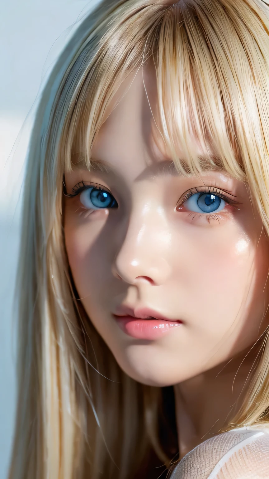 Dressed、(Photorealistic:1.4)、(ハイパーRealistic:1.4)、(Realistic:1.3)、(Smooth lighting:1.05)、(Improved cinematic lighting quality:0.9)、32k、1 Girl、A beautiful woman、Very cute expression、A beautiful 15 year old blonde girl、bangs that fall on the face、Bangs left over the eyeessy bangs between the eyes and nose、Realistic top lighting、Backlight、Face Light、Super long silky platinum hair、Blonde rays、(Bright light:1.2)、(quality improvement:1.4)、(Highest quality realistic textured skin:1.4)、Very beautiful, detailed, shiny, very bright, mint blue, large eyes、Very big eyes、Detailed face、A careful eye for quality、(Tired, sleepy and satisfied: 0.0)、Face close up、T-Shirts、(Enhances the body line:1.1)、(Enhances the beauty of skin texture:1.1)、Cheek gloss highlighter、Small Face Beauty、Round face