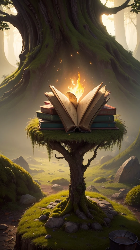 Create a scene set in a magical forest at twilight, with rays of the setting sun filtering through the dense, ancient trees. In the center, a beautifully illustrated, old-fashioned book with a golden, ornate cover lies open on a moss-covered stone, emitting a gentle, mystical glow. Surrounding the book are ethereal, glowing fireflies and delicate, colorful flowers. The atmosphere is serene and enchanting, with a sense of timelessness and wonder, capturing the essence of the phrase "once upon a time."