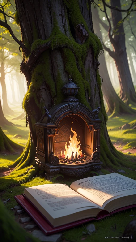 Create a scene set in a magical forest at twilight, with rays of the setting sun filtering through the dense, ancient trees. In the center, a beautifully illustrated, old-fashioned book with a golden, ornate cover lies open on a moss-covered stone, emitting a gentle, mystical glow. Surrounding the book are ethereal, glowing fireflies and delicate, colorful flowers. The atmosphere is serene and enchanting, with a sense of timelessness and wonder, capturing the essence of the phrase "once upon a time."