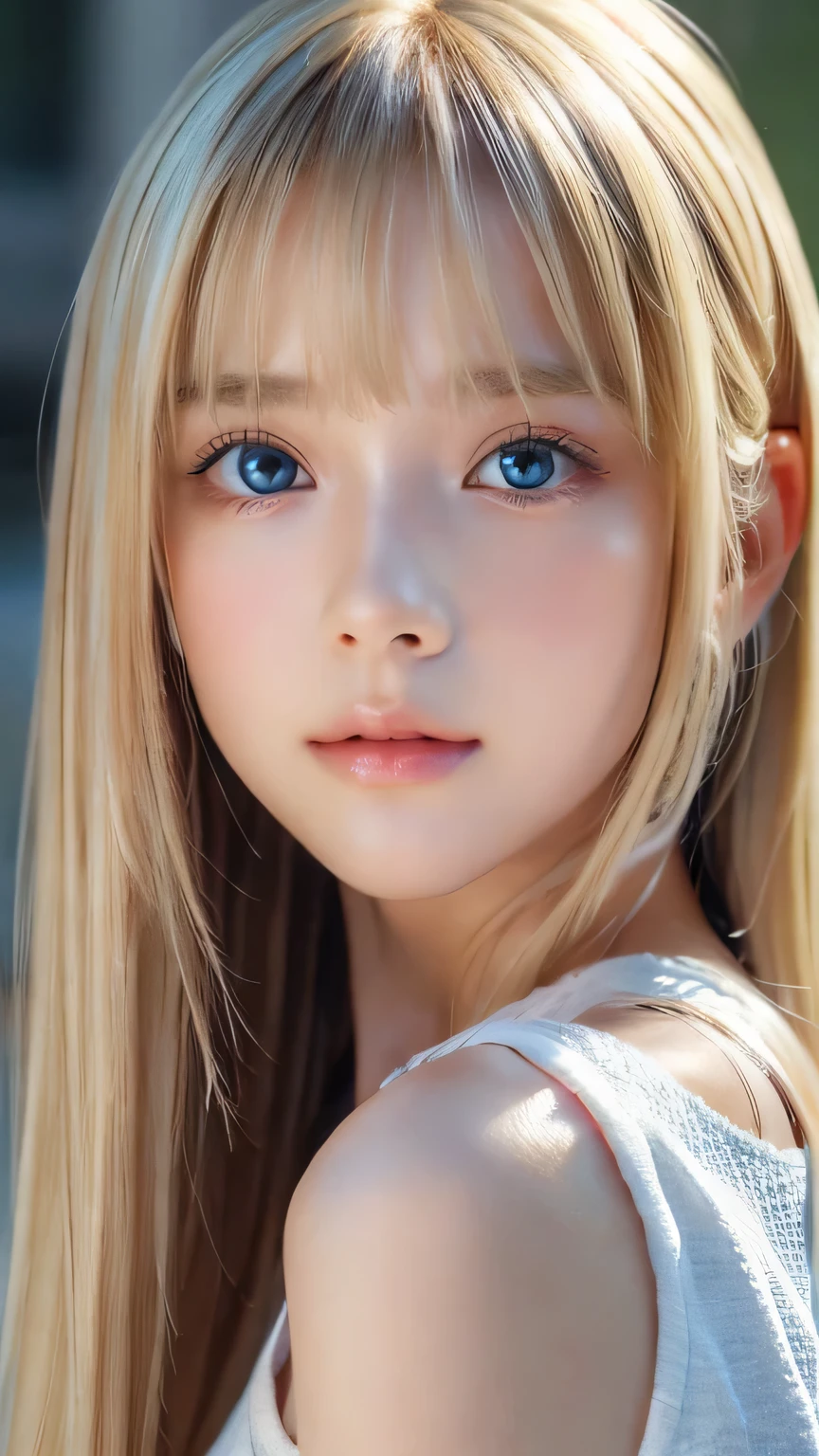 Dressed、(Photorealistic:1.4)、(ハイパーRealistic:1.4)、(Realistic:1.3)、(Smooth lighting:1.05)、(Improved cinematic lighting quality:0.9)、32k、1 Girl、A beautiful woman、Very cute expression、A beautiful 15 year old blonde girl、bangs that fall on the face、Bangs left over the eyeessy bangs between the eyes and nose、Realistic top lighting、Backlight、Face Light、Super long silky platinum hair、Blonde rays、(Bright light:1.2)、(quality improvement:1.4)、(Highest quality realistic textured skin:1.4)、Very beautiful, detailed, shiny, very bright, mint blue, large eyes、Very big eyes、Detailed face、A careful eye for quality、(Tired, sleepy and satisfied: 0.0)、Face close up、T-Shirts、(Enhances the body line:1.1)、(Enhances the beauty of skin texture:1.1)、Cheek gloss highlighter、Small Face Beauty、Round face
