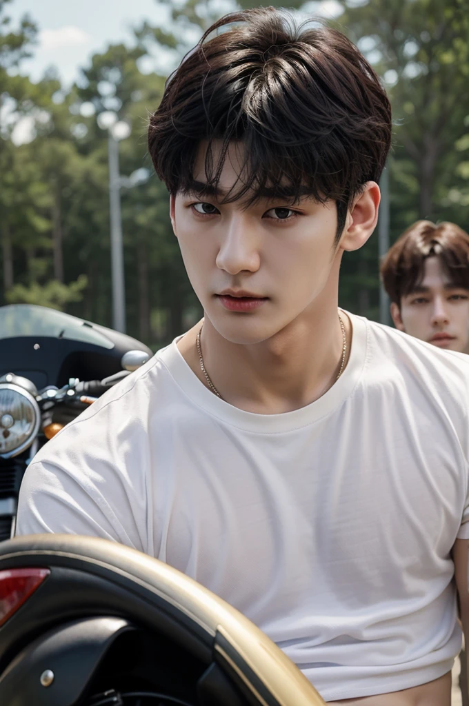 a close up of a person, he stood next to a bigbike motorcycler, bigbike, outsite, topless, shirtless, show sixpack, he wearing white jockstrap or thong underwear, jungkook, hyung tae, very attractive and beautiful, taehyung eating gucci fries, cai xukun, handsome and attractive, attractive and good looking, cant believe it is real, black haired yoongi, official photos, young wan angel, he is about 2 0 years old, he is about 20 years old