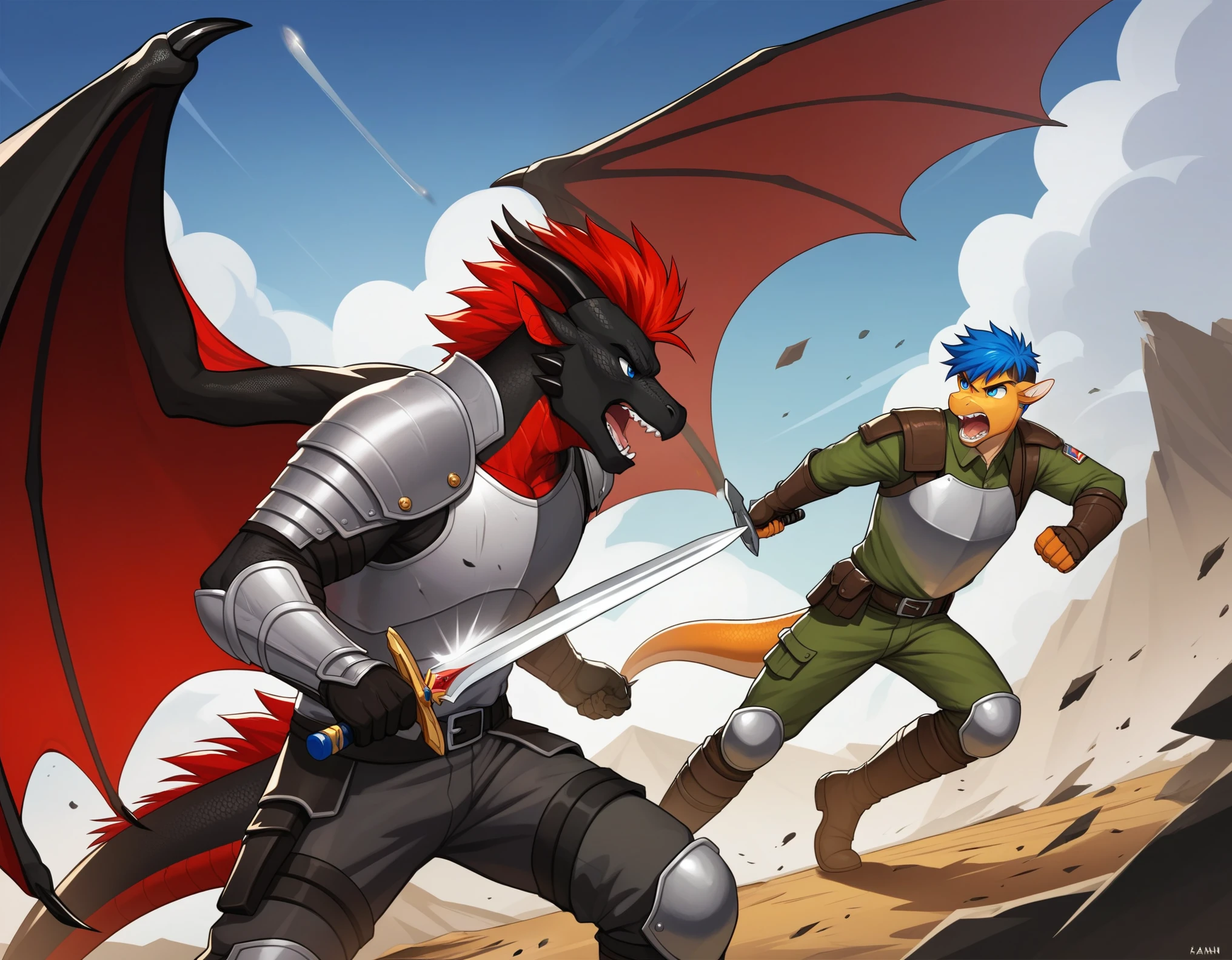 Score_9, score_8_up, score_7_up, source_cartoon, Anthro male, A black dragon, black dragon with red highlights on scales, black and red wings, blue eyes, short red hair, fighting Stannce, wearing knights armor, fighting, holding a sword, on a battlefield, many soldiers in the background, he is screaming, swinging a sword