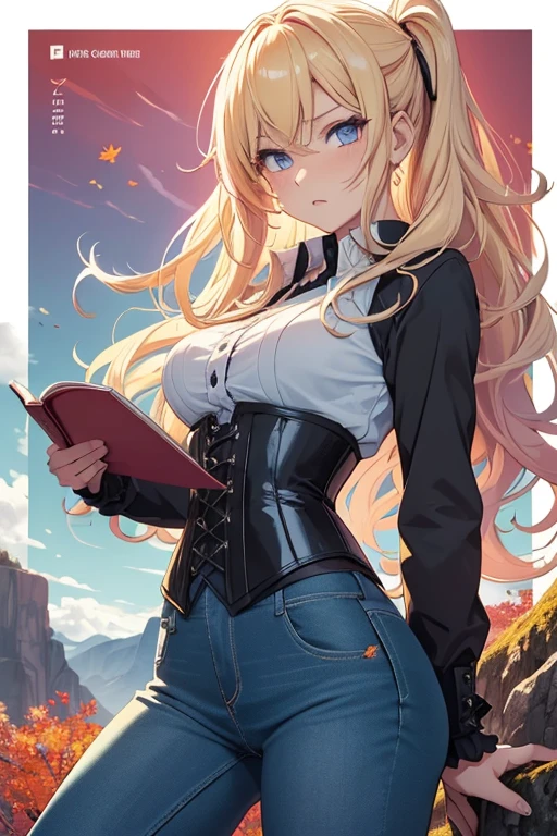 Illustration of a young, female teacher in an anime style. She has long, wavy blonde hair with pink highlights, wearing a light blue, ruffled blouse and a black corset over skinny tight jeans the color of a dark green. She is wearing black riding boots. Her expression is serious and slightly surprised. She has blue eyes and extends her hand forward holding a blue book with golden characters on the cover. The background shows a landscape transitioning from autumn to winter, with trees bearing both colorful autumn leaves and frosty branches, under a chilly, overcast sky.