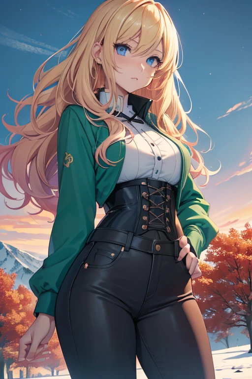 Illustration of a young, female teacher in an anime style. She has long, wavy blonde hair with pink highlights, wearing a light blue, ruffled blouse and a black corset over skinny tight jeans the color of a dark green. She is wearing black riding boots. Her expression is serious and slightly surprised. She has blue eyes and extends her hand forward holding a blue book with golden characters on the cover. The background shows a landscape transitioning from autumn to winter, with trees bearing both colorful autumn leaves and frosty branches, under a chilly, overcast sky.