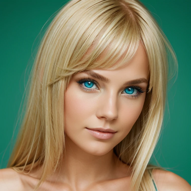 a beautiful woman with blue eyes, green background, blond hair