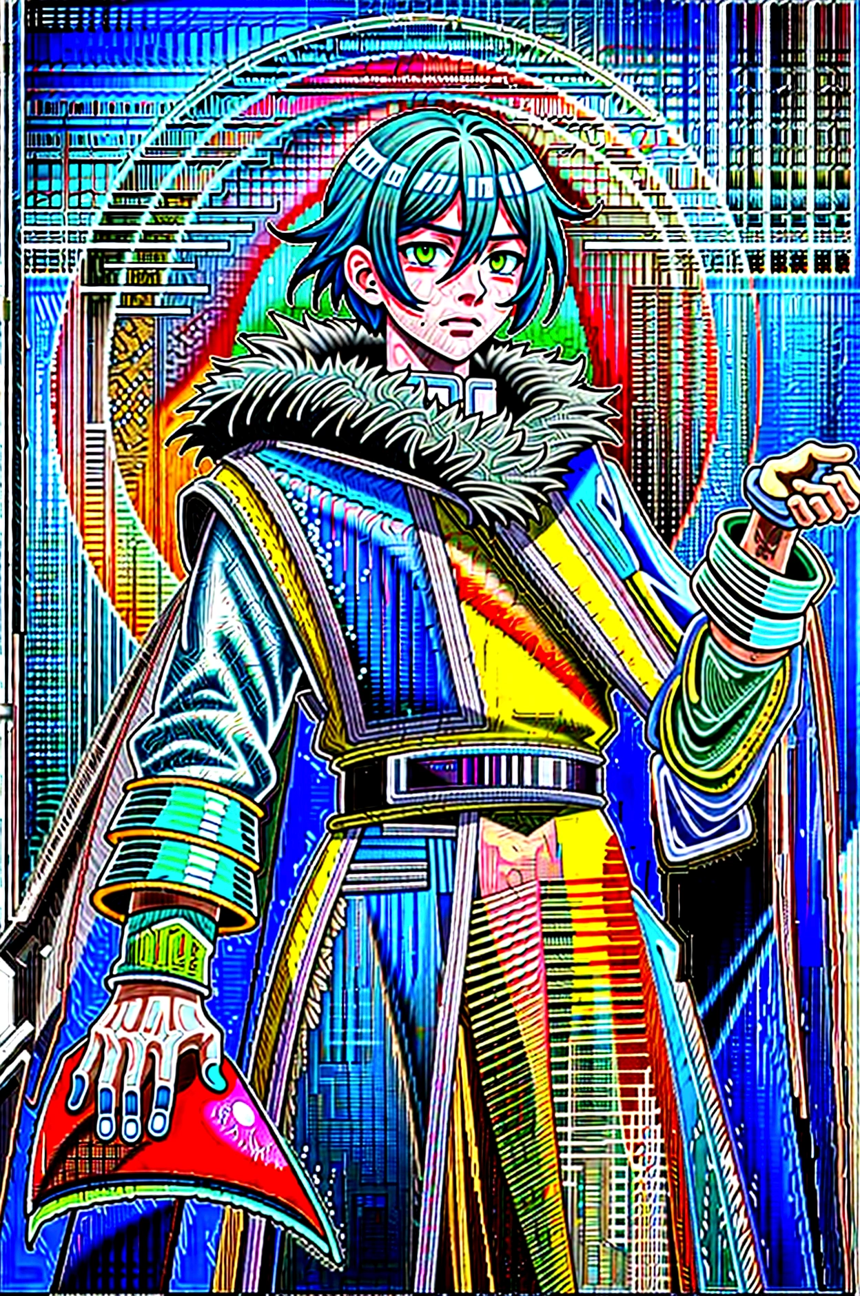 yuichiro hyakuya, (WithoutFear:1), 1 boy, black hair, green eyes, brown coat, gray armor, green shield, green cloak, dark brown gloves, town, fur trim, anime, standing, good quality, portrait, looking at viewer