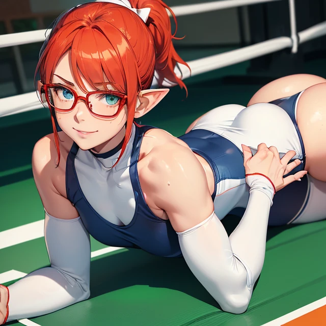 (best high quality image, very detailed clean image, carefully detailed image, carefully detailed character, solo alone character, no deformities in background and character, full character view and design)
{{(1woman 50 years old milf elf citizen), (crimson red hair tied in a ponytail with a pale white beautiful ribbon, fair skin, light blue green eyes, thin lips, medium big breasts, big butt, beautiful legs, short pointed ears with tiny orange gems, happy expression, happy smile sweating (accepting her defeat, lyingdown on the mat, recovering herself happy and feeling satisfaction, sweating)), ((dark blue square glasses), (white white one-piece wrestler leotard, white wrestler boots, white gloves, white knee pads, white wristbands, white elbow pads)), (orange-red-silver gym club, wrestling training ring)}}
