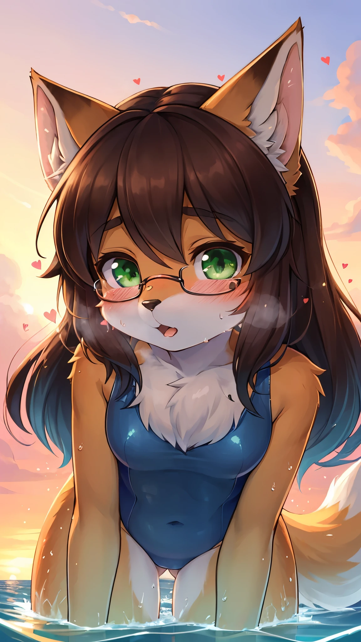 best quality,best resolution,(fluffy anthro furry :1.6),(young :1.8),fox girl,flat chest,dark brown hair,long hair,wavy hair,green eyes,glistering eyes,sparkle eyes,(dark blue one piece swimsuit),glasses,(orange and pink sky),evening,beautiful swimming pool,beach resort,romantic light,full face blush,looking at viewer,heavy breath,very hot,steam surrounded,(heart expression eyes),(heart eyes),embarassed face,in water,embarassed pose,:o,lean forward