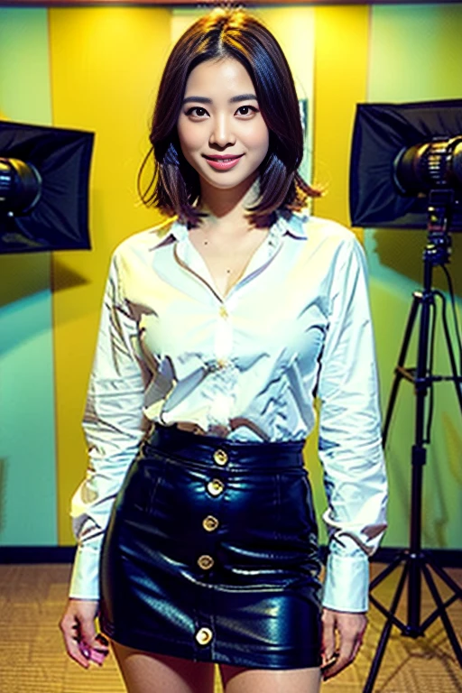 (A beautiful Japanese weathercaster lady, age 28, wearing formal White shirt with buttons & cyan pencil skirt, in a news studio setting, friendly and feminine expressions, kind smile, dimpled chins, cute snaggle-tooth, short bob hair ponytail, symmetrical face, realistic detailed face, beautiful detailed eyes, perfect body proportions, ample round bosoms, photorealistic, hyper-realism, high contrast, ultra HD, realistic skin textures, top image quality, top-quality, super high resolution, fine details, very meticulously, masterpiece, head to knees, serene ambience, The_Cowboy_Shot, bokeh background) #layla