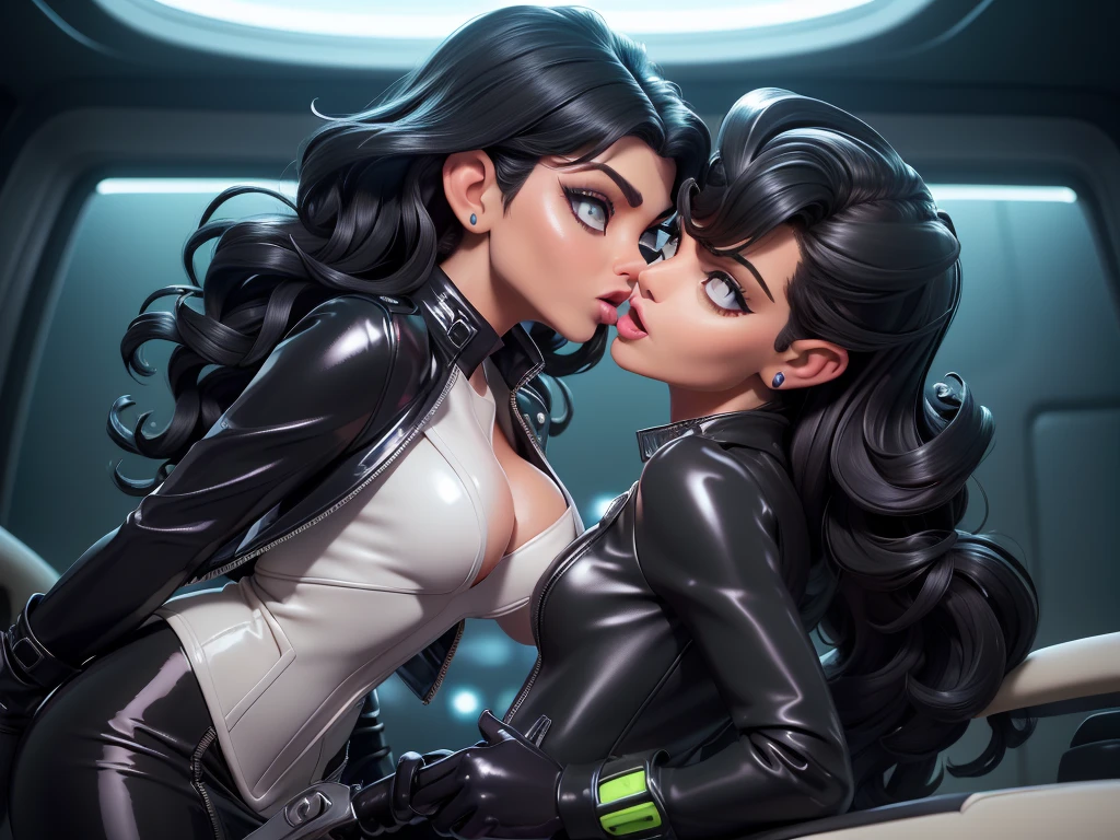 obra prima, melhor qualidade, ((two women,)) ((kirstie alley with pointed ears, curly black hair, leather star trek tunic,)) head back, ((sexy sultry wicked look, open mouth, pucker mouth,)) thick smoky black eye shadow, long fake eyelashes, ((wearing shiny lime green pvc biker blazer,)) ((jacket is unzipped and wide open, small breasts, nip slip,)) jacket has padded puff shoulders, shiny leather gloves, ((shiny cream white micro mini pvc skirt,)) body is skinny, shiny tight buttocks, ((in back seat of luxury convertible, sexy kissing squeezing pose,)) (camera view of whole body,) looking up at me, shallow depth of field, highres, HD, 8k, anatomically correct